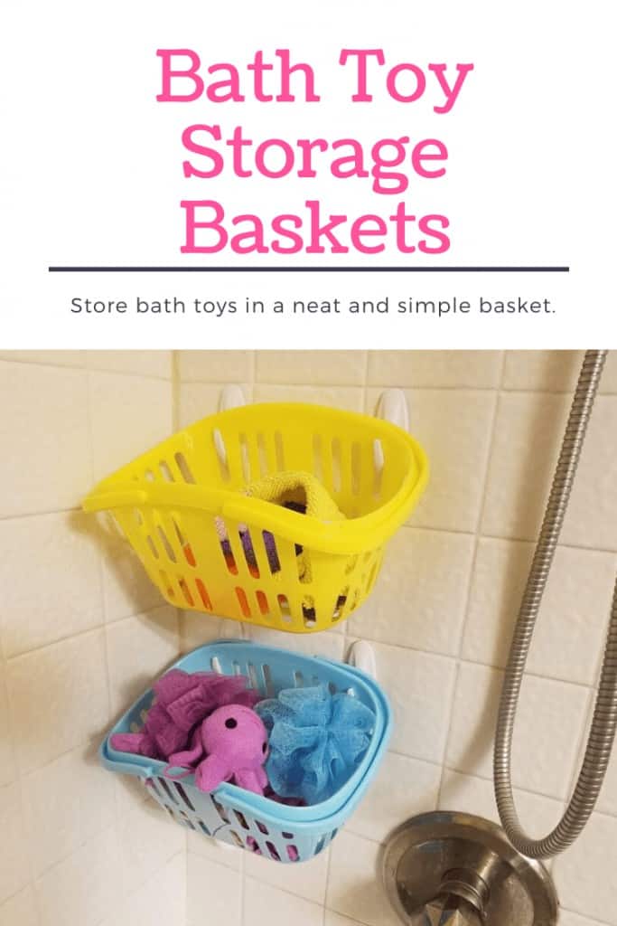 Kids bath toy storage with Dollar Store baskets and Command Hooks