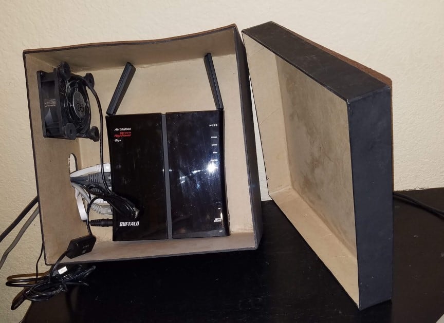 box to hide router and modem, hide router without blocking signal, hide router in living room